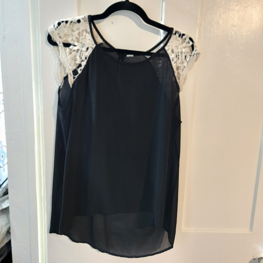 Black Sheer Blouse with White Lace Cap Sleeves, Size Large, Perfect For Layering